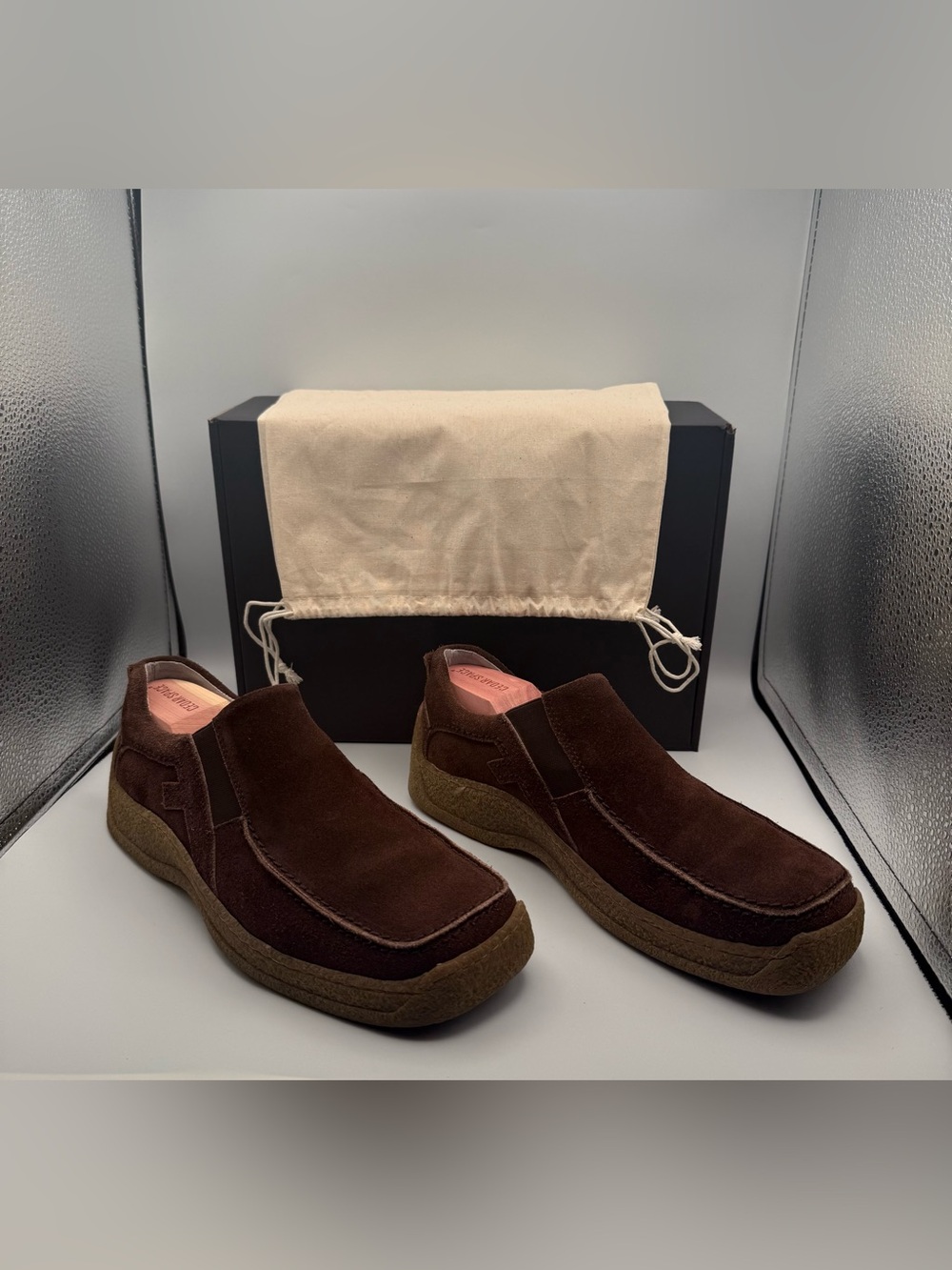 John Fluevog F-Trip Men's Brown Suede Moc Toe Slip On Loafers